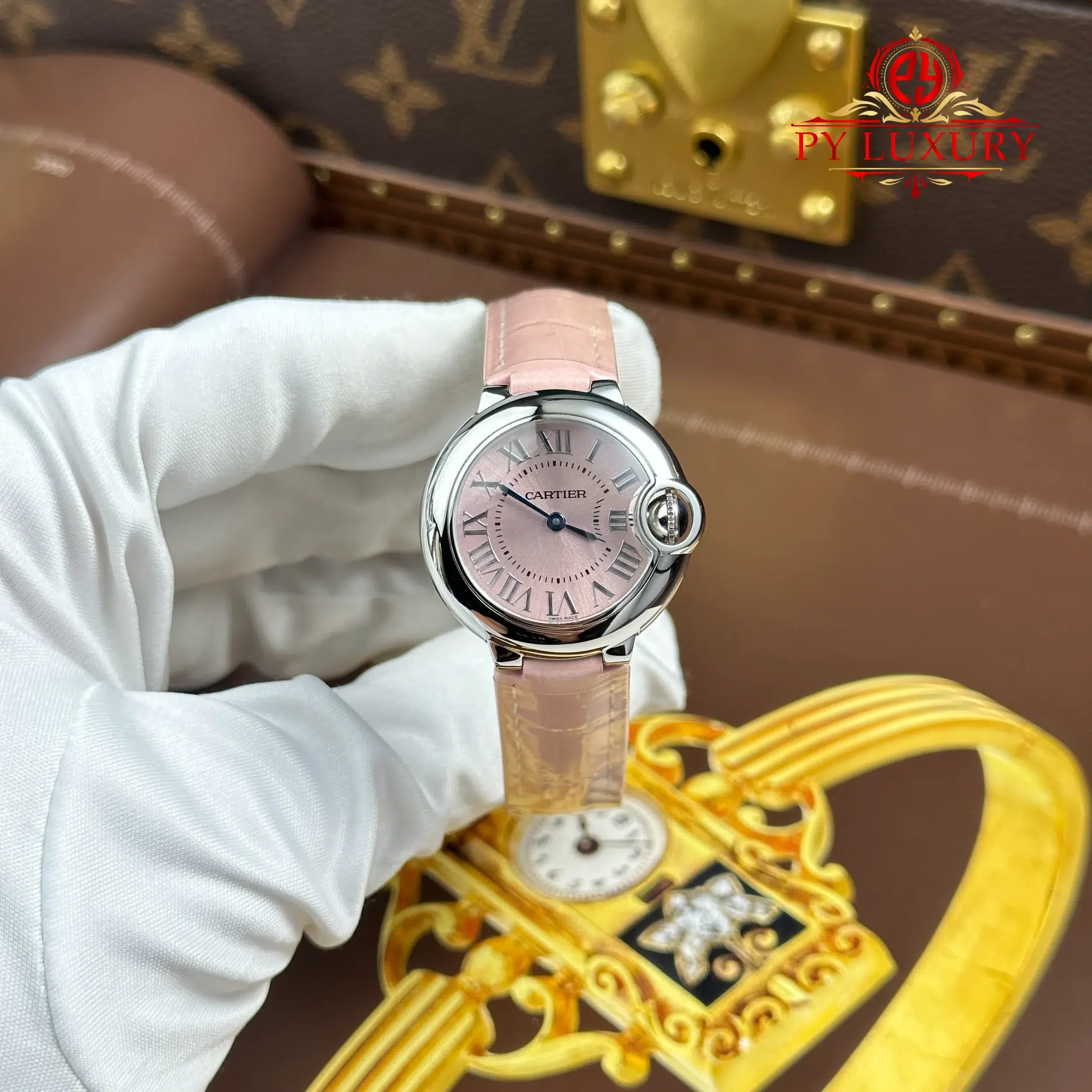 Cartier Ballon Bleu Pink Dial Quartz Pink Leather Strap Best Replica AF 28mm
