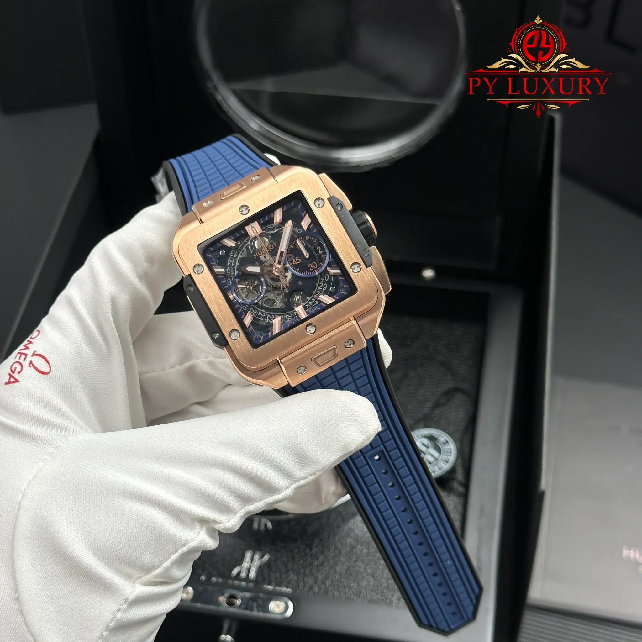 Hublot Square Bang Unico King Gold Blue Rubber Strap Best Replica BBF 42mm