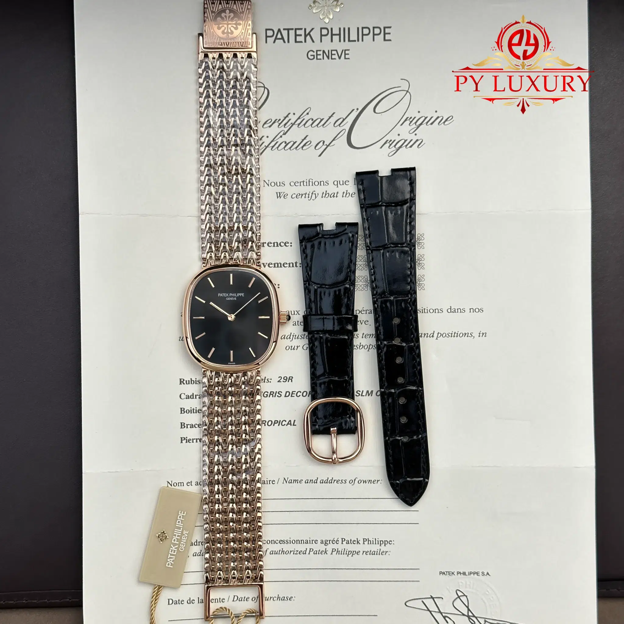Patek Philippe Golden Ellipse 5738/1R-001 Rose Gold Black Dial Best Replica 34.5mm x 39.5mm